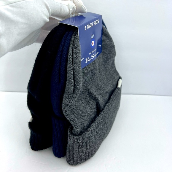 BEN SHERMAN, 3 PACK BEANIE SET, UNISEX, ONE SIZE FITS ALL, GREY, NAVY & BLACK - Picture 3 of 16